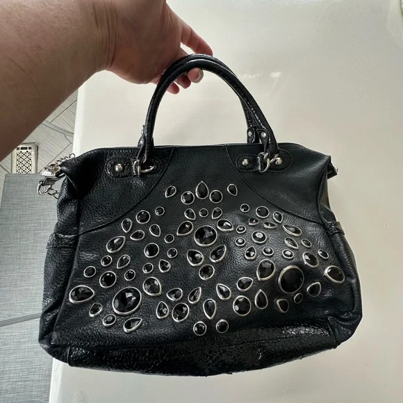 Kathy Van Zealand Y2K Black Studded Gem-Embellished vegan leather Satchel - Picture 3 of 15